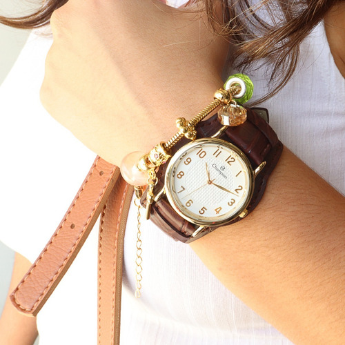 Relógio Champion Feminino Dourado Couro + Colar E Brincos
