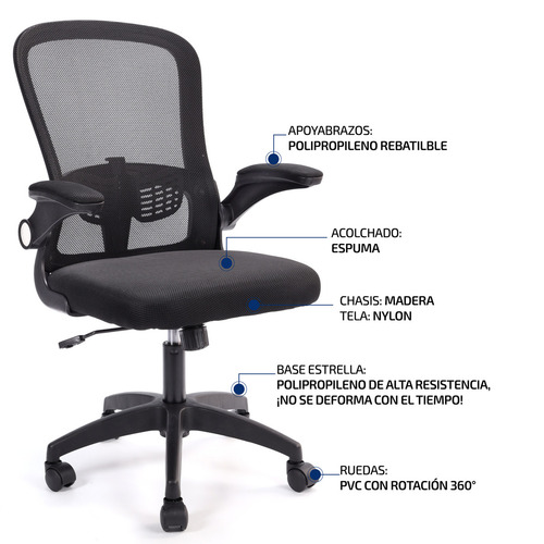 Silla De Escritorio Y Oficina Ergonomica Pc Giratoria Femmto Bm001 Negro Mesh Peso Maximo 120kg Apoyabrazos Rebatibles