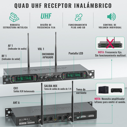 Sistema Micrófono Inalámbrico 4 Canales Microfono Phenyx Pro