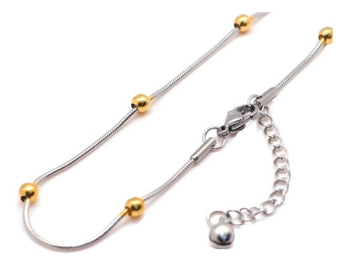 Imagen 2 de 6 de Pulsera Tobillera Mujer Acero Plateado Bolitas Doradas Moda