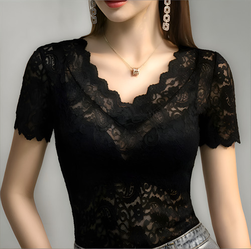 Blusa Top De Encaje Transparente Para Mujer Cuello V 