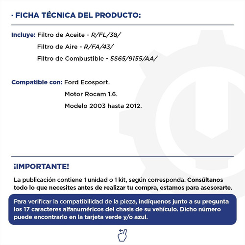 Imagen 2 de 9 de Kit Filtros Aceite Aire Combus Ford Ecosport 1.6 Rocam 03/12