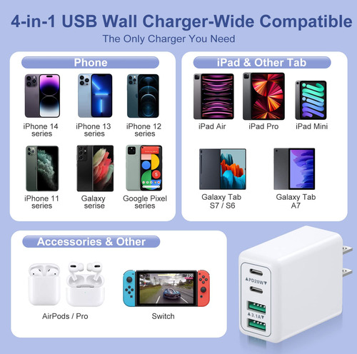 Cargador De Pared Usb C Rápido 40w 2 Unidades 4 Puertos