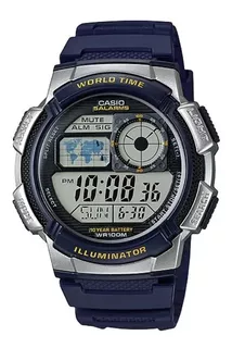 Reloj pulsera Casio Youth Series AE-1000 de cuerpo color plateado, digital, para hombre, fondo negro, con correa de resina color azul, dial negro, subesferas color gris, minutero/segundero negro, bise