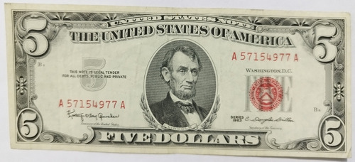 Billete 5 Dollares Usa Sello Rojo Lincoln 1963 Sk09