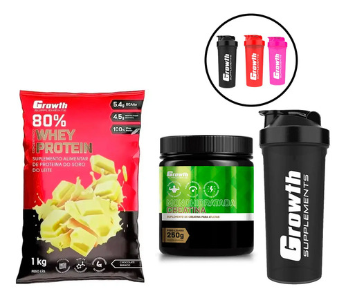 Kit Growth Whey + Creatina Monohidratada E Coqueteleira Sabor Chocolate Branco