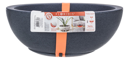 Maceta Floridis Plástico Bowl Premium Grande 44x19 Cm Simil Piedra + Plato Color Gris Grafito