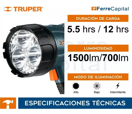 Lámpara recargable de LED 1500 lm alta potencia, Truper, Lámparas  Reflectoras, 12986