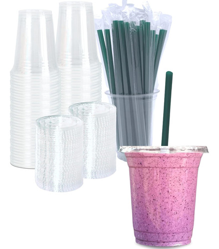 50 Tazas Transparentes 12oz Con Tapas Y Popotes