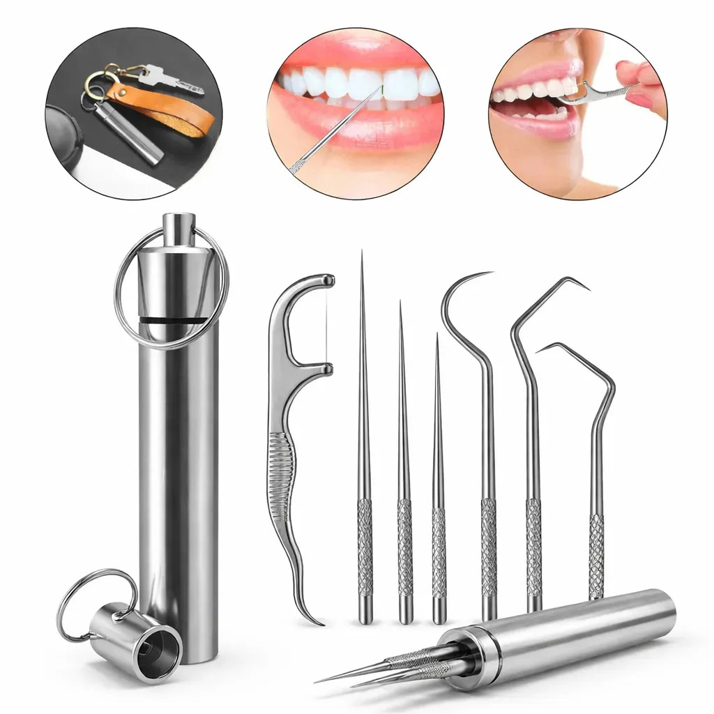 Kit Limpeza Dental 7 Peças Inox Profissional Com Estojo Portátil, Removedor De Tártaro, Higiene Bucal Completa, Ferramentas Precisas, Reutilizável, Alta Durabilidade, Uso Diário Mia Utilidades