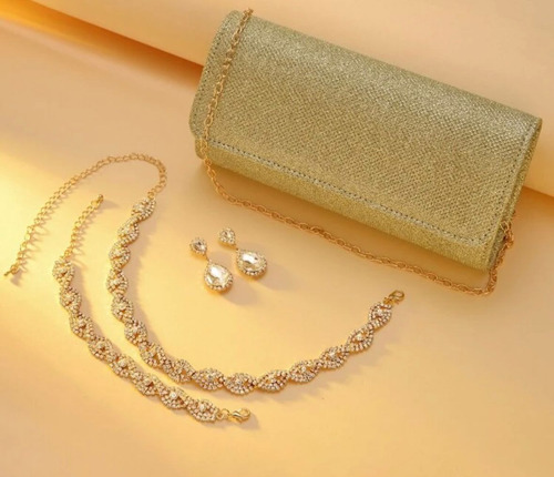 Set Bolso De Fiesta Gargantilla, Pulsera Y Aretes Elegante