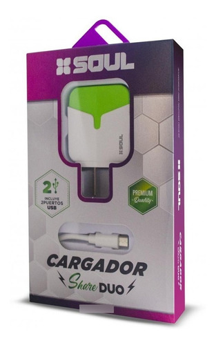Cargador Rapido Doble Usb 2.4 Ampers + Cable Para iPhone Color Verde