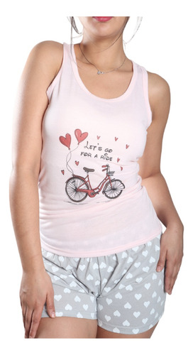 Pijama Mujer Polera Sin Mangas Y Short Diseño Bicicleta Love