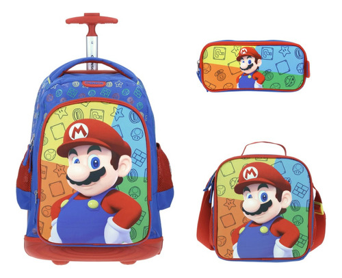 Kit De Mochila Lonchera Y Lapicera Mario Bros Con Carro Vs1604