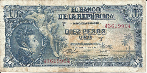 Colombia 10 Pesos, 1 Enero 1960