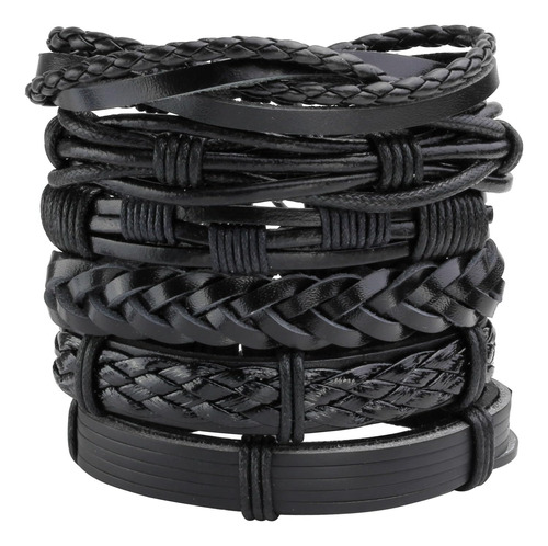 Milakoo 6 Piezas Pulsera De Cuero Trenzado Negro Para Hombre