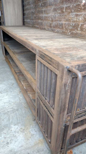 Imagen 5 de 9 de Rack Tv Mueble Estilo Industrial Ruedas Hierro Chapa Madera