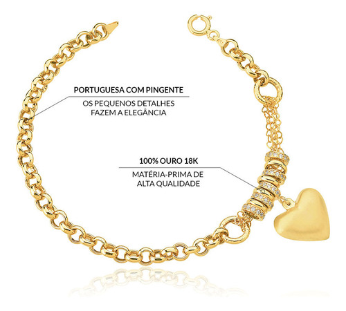 Pulseira Portuguesa De 5.1mm Com Pingente De Coração Em Ouro