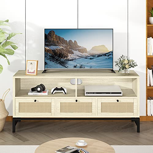 Awqm Rattan Tv Stand With 3 Drawer & Open Shelves,farmhouse 