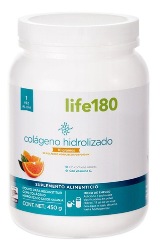 Colágeno Hidrolizado Polvo 450gr/10gr Naranja Life180