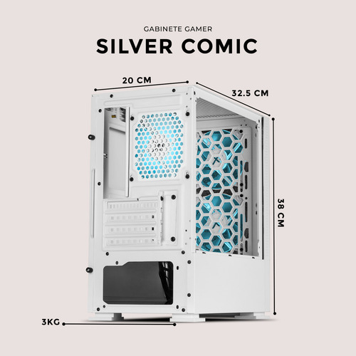 Gabinete Gamer Xtreme Pc Gaming Silver Comic Edition Mini Torre Micro Atx 3 Fan Argb Mesh Cristal Templado