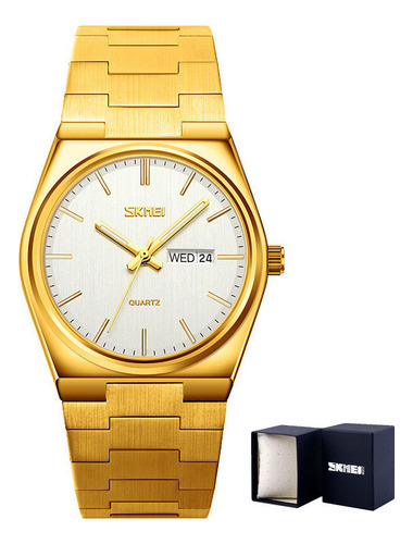 Reloj de cuarzo con calendario impermeable Skmei Classic, correa dorada/blanca