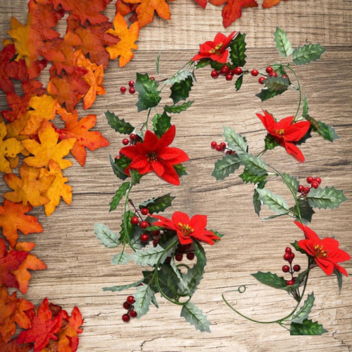 Guirnalda De Luces Navideñas Con Flores De Pascua, Hojas