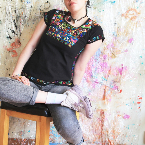Blusa Top De Bordada Artesanal Negra De Algodón Talla M