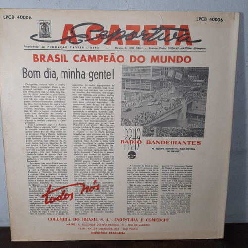 Imagem 2 de 8 de Vinil Lp Brasil Campeão Do Mundo 1958 Gazeta Esportiva