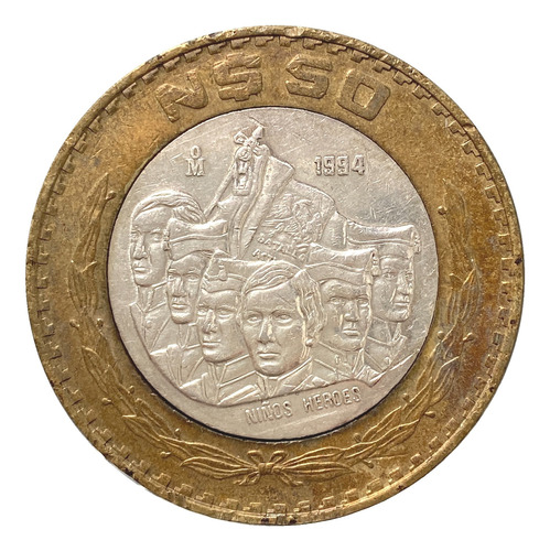 Moneda N$50 Nuevos Pesos Plata Niños Héroes 1994 Bimetálica