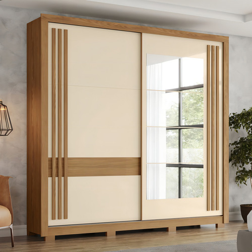 Guarda Roupa Casal 2 Portas De Correr Com Espelho Henn Flex Cor Nature/Off White/Verde