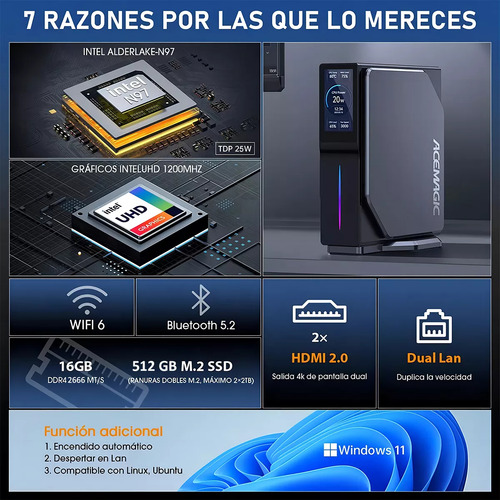 Acemagic S1 Mini Pc, 12ª N97 16gb Ddr4 512gb M.2 Ssd Mini Computadoras Con Visualización Lcd De Bricolaje, Micro Pc De Doble Canal Con Luz Rgb 4k Visualización Dual, Compatible Con 4k/wifi
