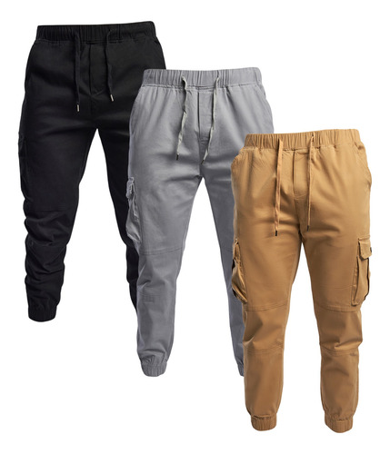 Pack 3 Joggers Tipo Cargo Gabardina Stretch Hombre Con Bolsa