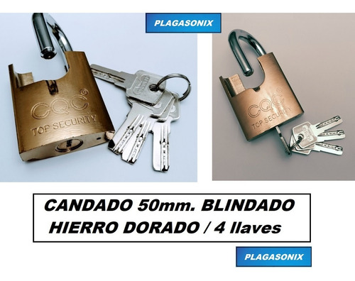 Imagen 4 de 10 de Candado Blindado 50mm 4 Llaves Doble Traba Hierro Dorado