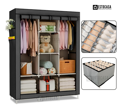 Estocasa kit guarda roupa e caixa organizadora dobrável armário casal cor preto liso