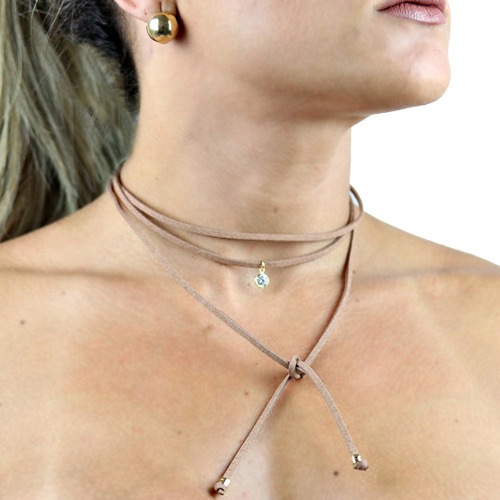Chocker Couro Ponto De Luz Dourada - Cl020107