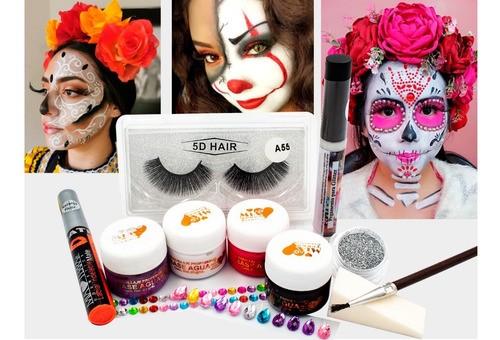 Imagen 1 de 2 de Kit Maquillaje Para Catrina Base Agua 11 Pzas