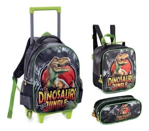 Kit Mochila Estojo Lancheira Dinossauro Jungle Denlex