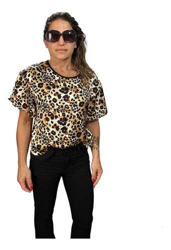 Remera Mujer Manga Amplia Zhoue Animal Print  Seda Talle S