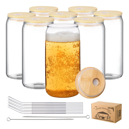 Paquete De 8 Vasos De Vidrio  Con Tapas Y Popotes