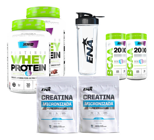 Kit 2 Protei. Chocolate + 2 Creatinas + 2 Bcaa 2000 + Shaker