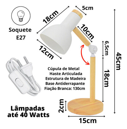 Luminária Mesa Abajur 45cm Articulada Retrô Lâmpada Led 12w