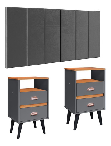 Cabeceira Estofada 1,4 Modular Kit Mesa Pequena Pés Retrô Cor Cinza Suede | Cinza/Cinamomo