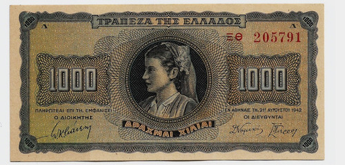 Fk Billete Grecia Ocupacion Nazi 1000 Dracnas 1942 P-118 Unc