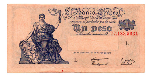 Billete 1 Peso Del Progreso, Bottero 1836, Año 1949 Mb 