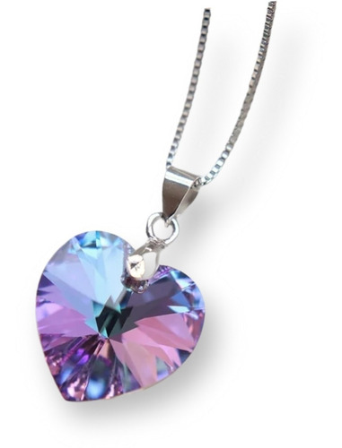 Cadena Collar Con Colgante Corazón De Cristal  Rosa Y Azul