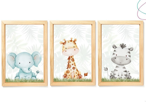 3 Quadros Decorativos Safari Baby Aquarela Com Moldura