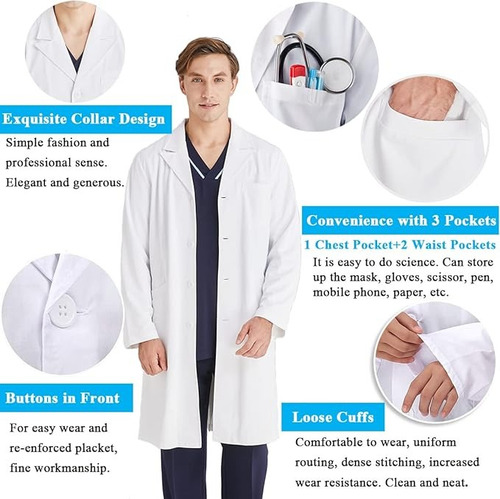 Bata Laboratorio Blanca Uniforme Médico 100% Algodón Unisex