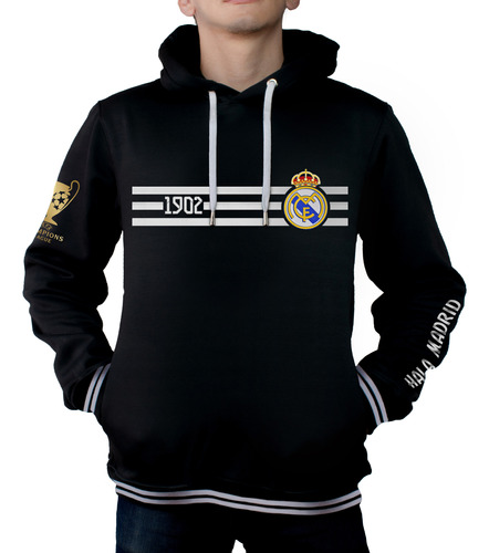 Buzo Hoodie Negro En Algodón Perchado Real Madrid Fan