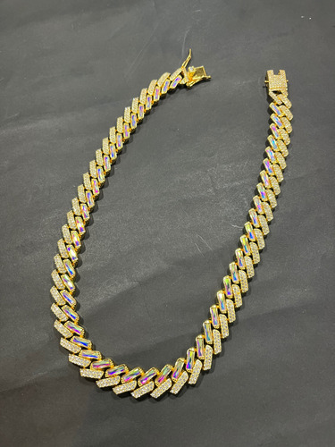 Cadena Collar Cubano Full Ice Drip Tornasolado Acero Dorado